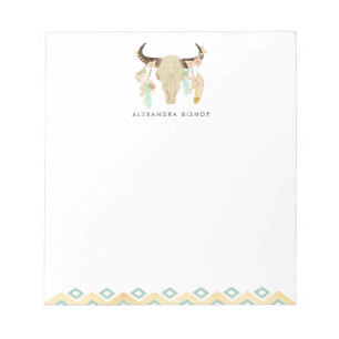 Tribal Floral Skull and Feathers Gepersonaliseerd Notitieblok