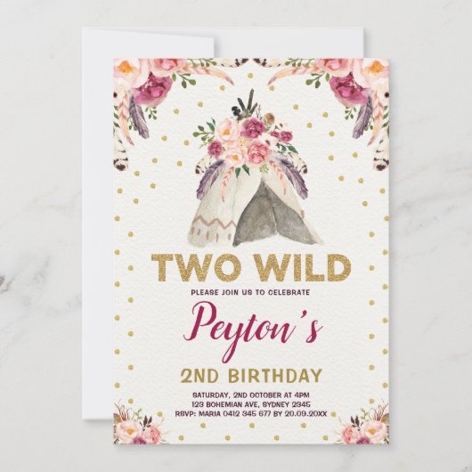 Tribal Floral Teepee TWO WILD Birthday Chic Gold Kaart (Voorkant)