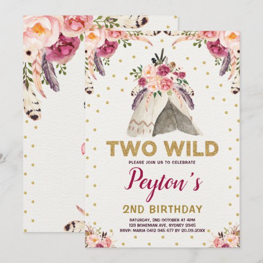 Tribal Floral Teepee TWO WILD Birthday Chic Gold Kaart (Voorkant / Achterkant)