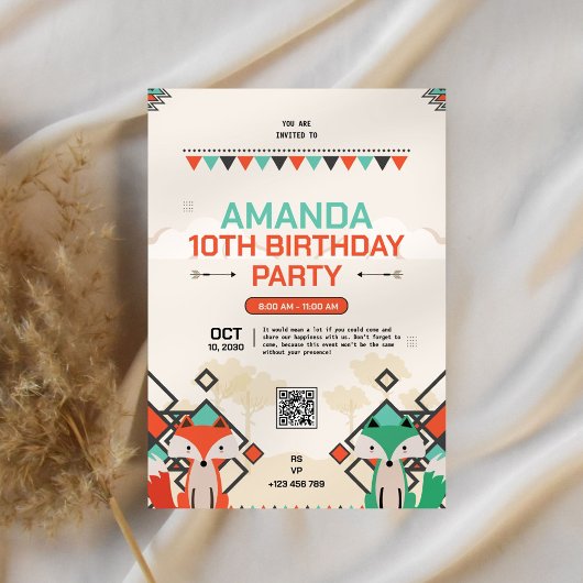 Tribal Fox 10e verjaardag uitnodiging