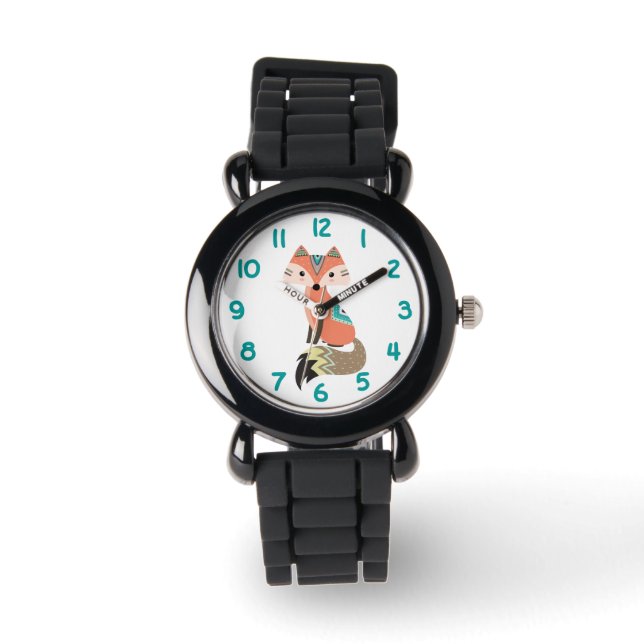Tribal Fox Blauwgroen Nummer Kinder Horloge (Voorkant)