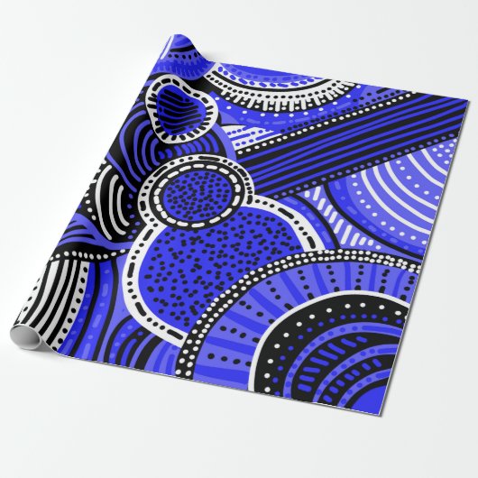 Tribal geïnspireerd patroon | Blauw, zwart, wit Cadeaupapier (Uitgerold)
