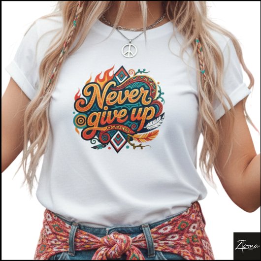 Tribal Geometric Never Give Up Flames T-shirt