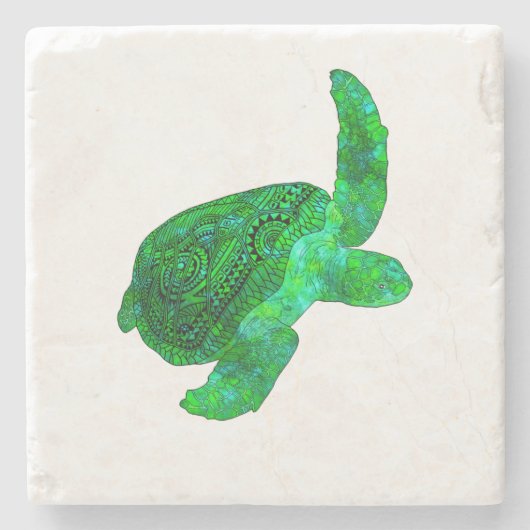 Tribal Green Zee Turtle Stenen Onderzetter (Voorkant)