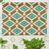Tribal Ikat Pattern, Beige, Taupe en Turquoise Theedoek (Gevouwen)