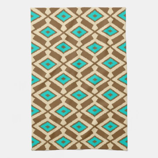 Tribal Ikat Pattern, Beige, Taupe en Turquoise Theedoek (Verticaal)