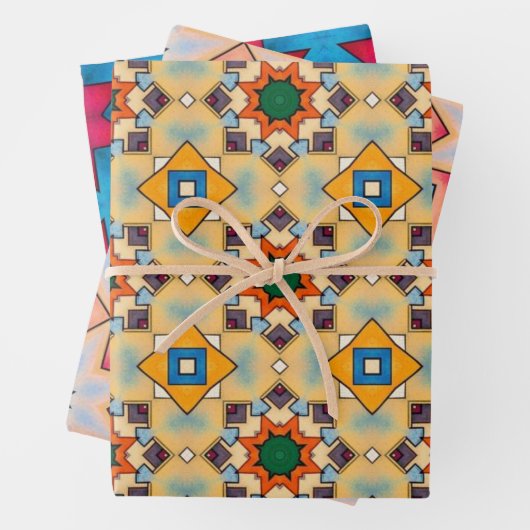 Tribal inheemse kunst in vet kleuren patroon set 3 inpakpapier vel (In situ)