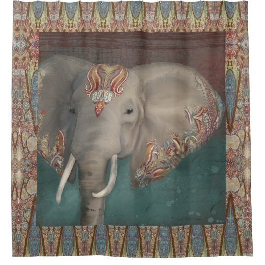 Tribal Kashmir Kani Pattern Elephant Boho Bohemian Douchegordijn (Voorkant)