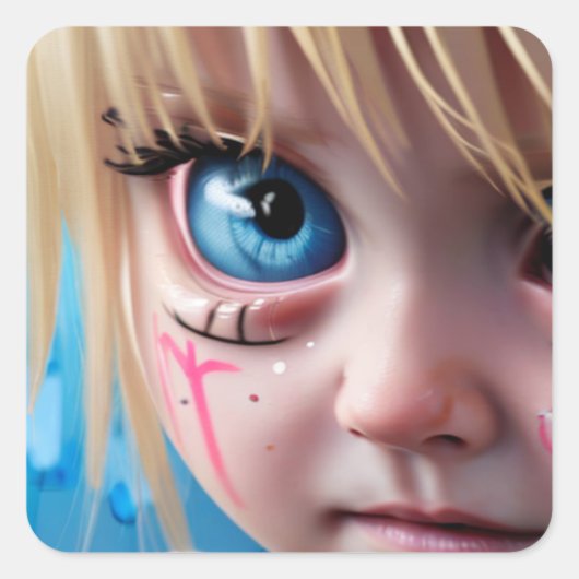 Tribal Kinder | Blond Meisje Big Blue Eyes Vierkante Sticker (Voorkant)