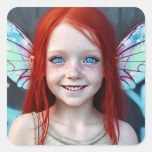 Tribal Kinder   Redhead Meisje met Fairy Wings Vierkante Sticker