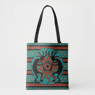 Tribal Kokopelli Blauwgroen bruin en zwart Tote Bag