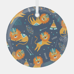 Tribal Lions Cartoon naadloos patroon Glas Ornament