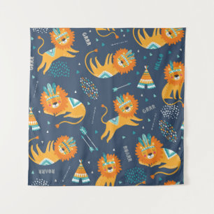 Tribal Lions Cartoon naadloos patroon Wandkleed