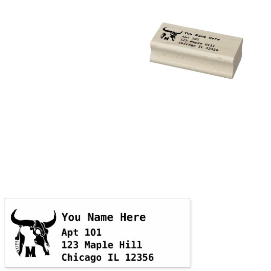 Tribal Longhorn Bull Skull met Monogram Return Rubberstempel (Gestempeld)