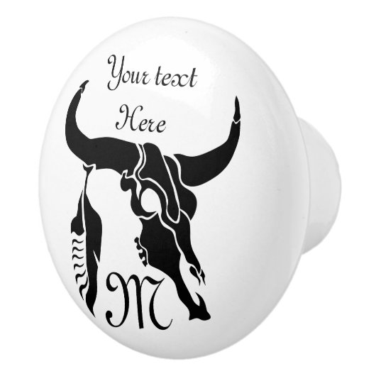 Tribal Longhorn Bull Skull met zwarte doether Keramische Knop (Rechts)