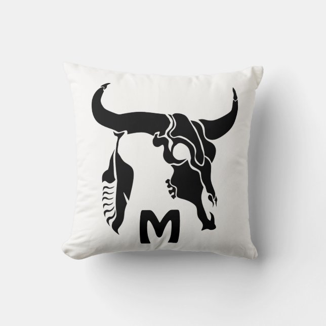 Tribal Longhorn Bull Skull met zwarte doether Kussen (Voorkant)