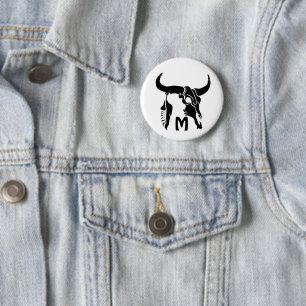 Tribal Longhorn Bull Skull met zwarte doether Ronde Button 5,7 Cm