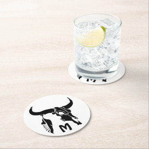 Tribal Longhorn Bull Skull met zwarte doether Ronde Kartonnen Onderzetter