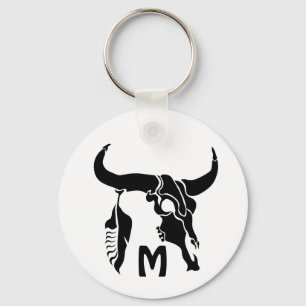 Tribal Longhorn Bull Skull met zwarte doether Sleutelhanger