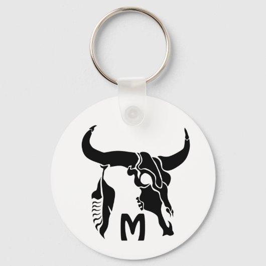 Tribal Longhorn Bull Skull met zwarte doether Sleutelhanger (Voorkant)