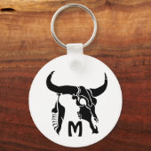 Tribal Longhorn Bull Skull met zwarte doether Sleutelhanger (Voorkant)