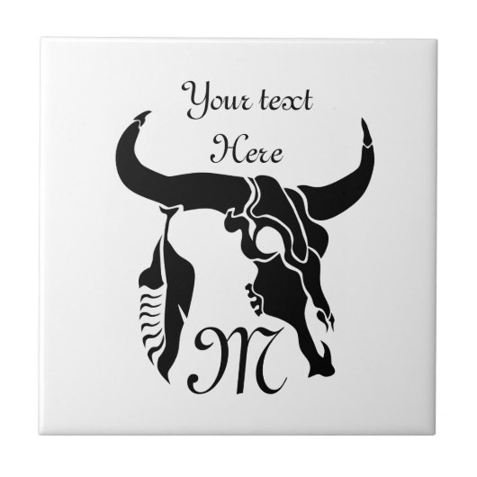 Tribal Longhorn Bull Skull met zwarte doether Tegeltje (Voorkant)