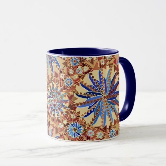 Tribal Mandala Print, Camel Tan en Denim Blue Mok (Voorkant rechts)