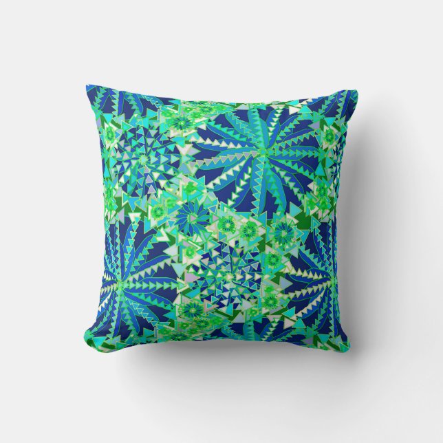 Tribal Mandala Print, Cobalt Blue en Green Kussen (Voorkant)