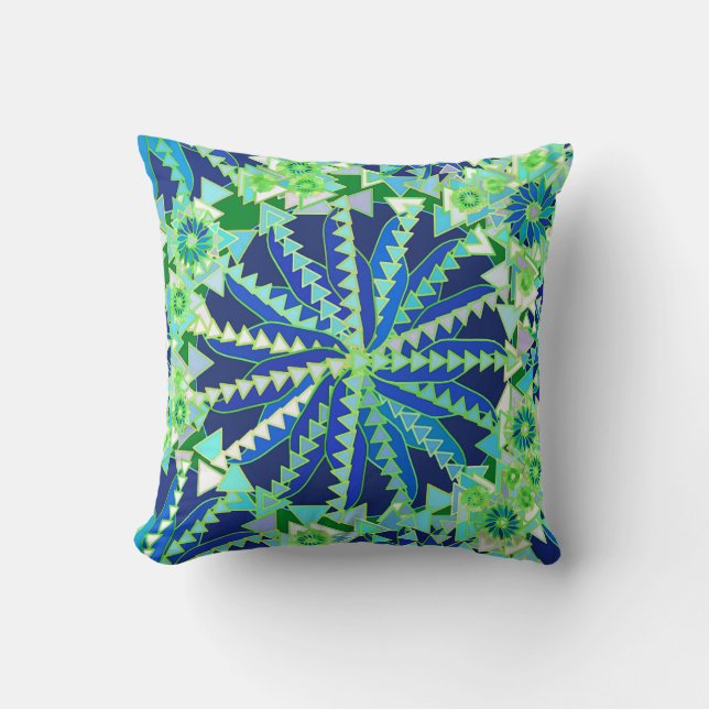 Tribal Mandala Print, Cobalt Blue en Green Kussen (Voorkant)