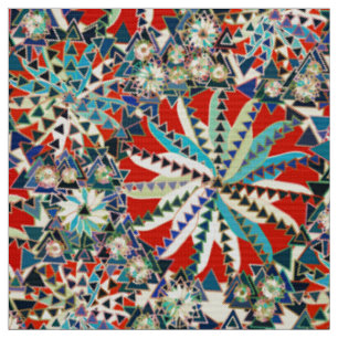 Tribal Mandala Print, Red, Blue en Cream Stof