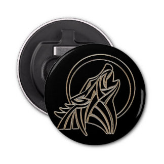 Tribal Metallic Howling Wolf Emblem Button Flesopener
