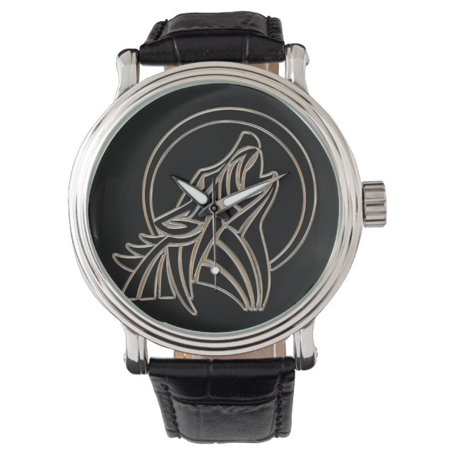 Tribal Metallic Howling Wolf Emblem Horloge (Voorkant)