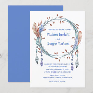 Tribal Native American Blue Feathers Boho Wedding Kaart