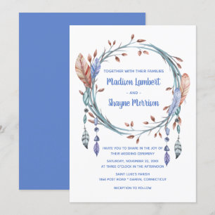 Tribal Native American Blue Feathers Boho Wedding Kaart