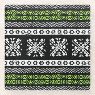 Tribal Navajo, zwart wit groen patroon. Glazen Onderzetter
