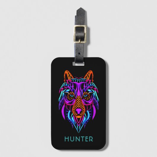Tribal Neon Wolf gepersonaliseerd Bagagelabel (Voorkant (verticaal))