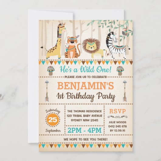 Tribal Oerwoud Animals Rustic Wild One 1st Birthda Kaart (Voorkant)