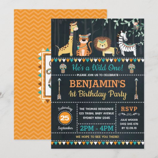 Tribal Oerwoud Safari Animals Wild One 1st Birthda Kaart (Voorkant / Achterkant)