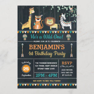 Tribal Oerwoud Safari Animals Wild One 1st Birthda Kaart