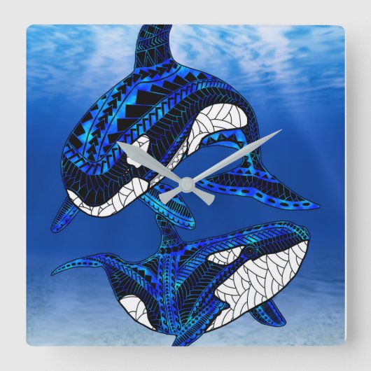 Tribal Orca Killer Whales Vierkante Klok (Voorkant)