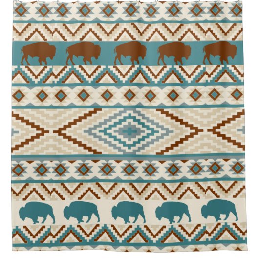 Tribal Pattern Southwest Buffalo Bison Woodland Douchegordijn (Voorkant)