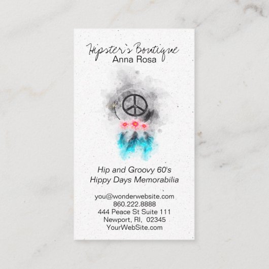 ** Tribal Peace Sign Feathers Flowers Grunge Boho Visitekaartje (Achterkant)