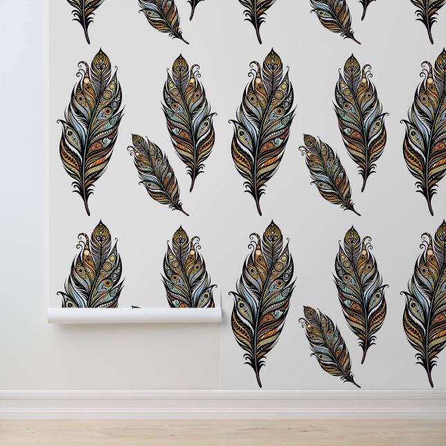 Tribal Peacock-geïnspireerde Feather Artistic Wall Behang (Applicatie)