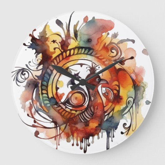Tribal Phoenix Waterverf Mandala Grote Klok (Voorkant)