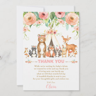 Tribal Pink Floral Woodland Animals Baby shower Bedankkaart