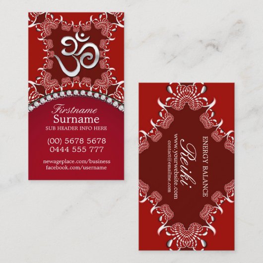 Tribal Red Silver Om Reiki Yoga Visitekaartjes (Voorkant / Achterkant)