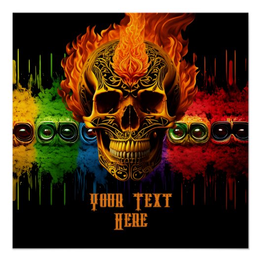 Tribal Rock N Roll Skull biker Flames personaliser Perfect Poster (Voorkant)