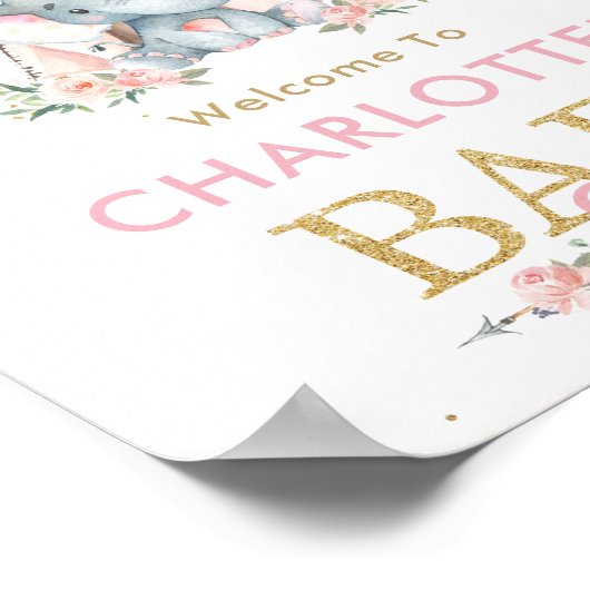 Tribal Roze Floral Elephant Baby shower Welkom Poster (Hoek)