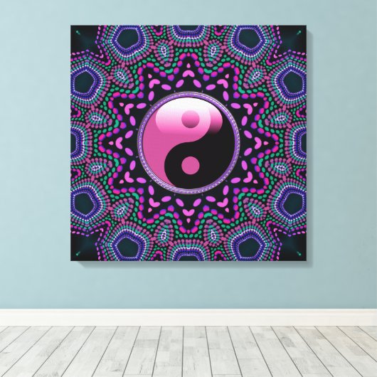 Tribal Sun Pink Yin Yang Wrapped Canvas (Insitu (Houten vloer))