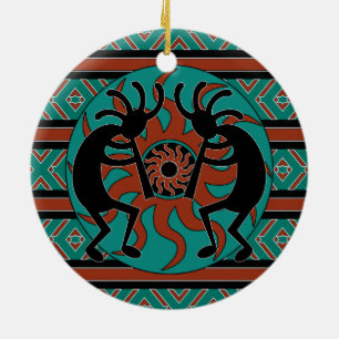 Tribal Sun Turquoise Kokopelli Southwest Kerstmis Keramisch Ornament